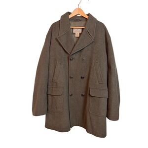LL Bean Mens XL Tall 100% Wool Pea Coat Double Breasted Olive Green Vintage